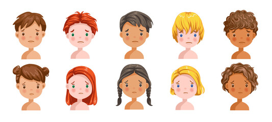 Boys and girls set sadly emotions, Feeling sad, face of the child.  Different nationalities are different. Variety of children. Female and male heads. 