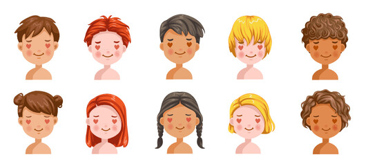 Boys and girls set emotions, feelings be love, face of the child. Different nationalities are different. Variety of children. Female and male heads. vector of students. 