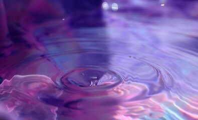 Naklejka na ściany i meble Wallpapers. Frozen movement of water. Drops of water falling and splashing. Sparkles, reflections of light. Violet/pink color.