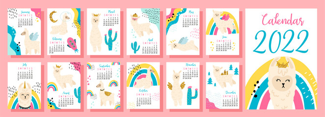 Obraz na płótnie Canvas Calendar 2022 and planner. Cute llama in the style of cartoon, a children's character. 12 months - calendar with a children's print-lama. Week starts on Sunday. New Year's 2022. The Year of the Tiger.