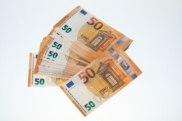 Background with fifty euro banknotes, a lot of money
