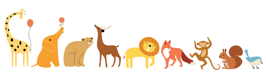 Cute animals stand in a row on a white background. A yellow giraffe with a balloon, an orange elephant holding a flower, a beige witch sits, a graceful deer, a yellow lion, a fox, a dancing monkey