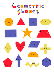 Big set of various bright basic geometric figures with face emotions. Different shapes: circle, square, triangle, oval, rectangle, star, trapezoid, rhombus, heart. Illustration for kids.