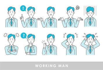 男性社員の喜怒哀楽を表現したイラストセット素材