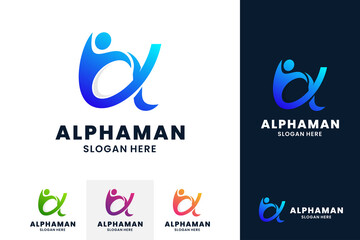 Alpha logo with human vector illustration. Creative growth logo, marketing, success and health concept.