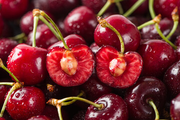 close up of ripe cherries fruit with sliced background.