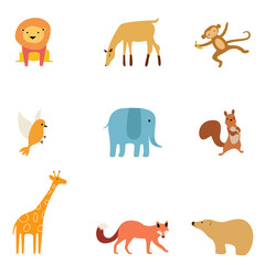 Vector set of cute drawn animals. Red fox, yellow giraffe, squirrel, pink bird, pink elephant, bear, monkey, deer and lion in different poses. Family and flock. Pattern, coloring book, textiles, wallp