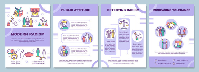 Modern racism brochure template. Public attitude. Flyer, booklet, leaflet print, cover design with linear icons. Vector layouts for presentation, annual reports, advertisement pages
