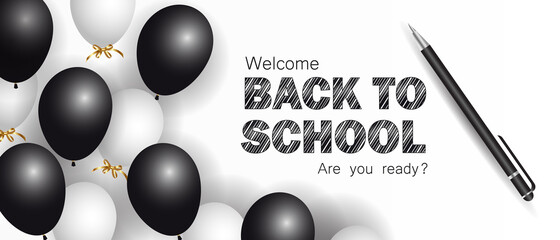 Back to school, banner with confetti, balloons and pencils, lettering in pen or chalk, vector illustration