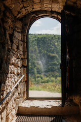 surface wooden door. cave church entrance. landscape. High quality photo
