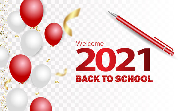 Back to school, banner with confetti, balloons and pencils, lettering in pen or chalk, vector illustration