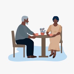 Elderly men and women relationship, table in a cafe, date, coffee, tea, love, couple, happy old age concept. Grandmother and grandfather together, cartoon style. Minimalism, vector