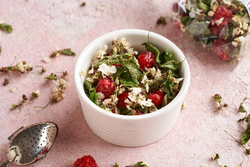 Tea mix made from cherry blossoms, young leaves and dried cherries