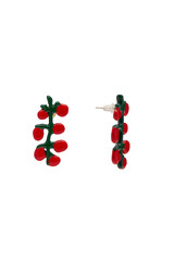 Subject shot of two bright summer earrings made as clusters of red glossy berries in Japanese style. The pair of stud earrings is isolated on the white background.