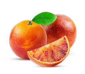 Two red blood orange and slice with leaf