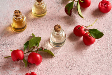 A bottle of wintergreen essential oil with wintergreen twigs