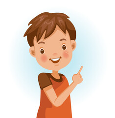 Boy thumbs pointing something. Positive emotions, smiling. Cartoon character vector illustration isolated on white background.