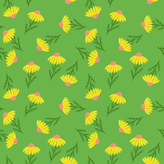 Obraz premium Blossom ornament seamless pattern with random yellow daisy flowers silhouettes print. Green background.