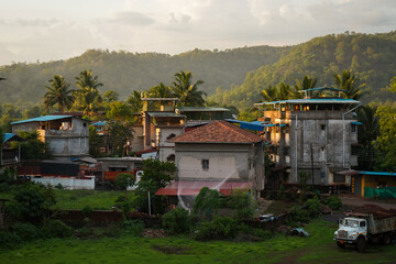 Aerial shot of Asian village in the mountains