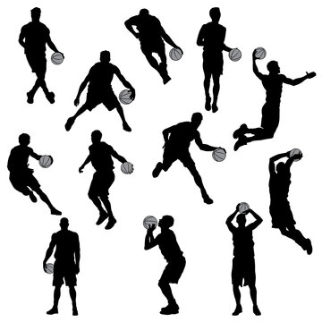 Set of Basketball Player -Black and White Silhouettes. Vector Image