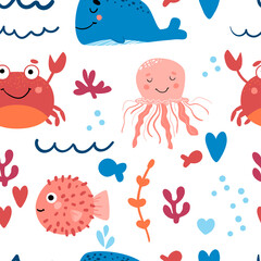 Seamless background with cute sea animals. Pattern with Crab, jellyfish, whale, and ball fish. For design, web, graphics, textiles and advertising. Vector illustration