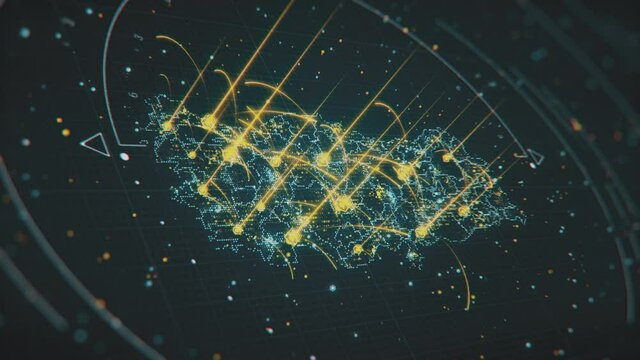 Flashing glowing Tyrkey map with highlighted areas and interstate connections. Scanning of Tyrkey Map through hi-tech futuristic sight and visuals with connecting light points and lines.