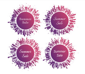 Set of vibrant gradient summer sale splash signs. Isolated colorful splatters on a white background. Vector blots for special season offers.