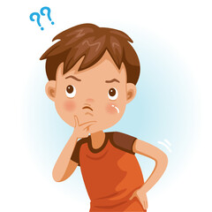 Boy wonder. Question mark. The handle on the chin looks upward. Cartoon character vector illustration isolated on white background.