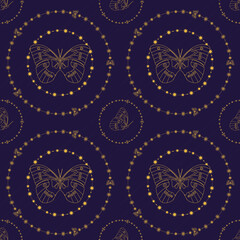 Magic pattern, tarot cards, boho design. the beginning of the life of a butterfly with the sun surrounded by stars on a dark blue background. The concept of the relationship of all living organisms. 