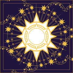 Magic banner, tarot cards, boho design. the beginning of the life of a star with the sun surrounded by stars on a dark blue background. The concept of the relationship of all living organisms. 