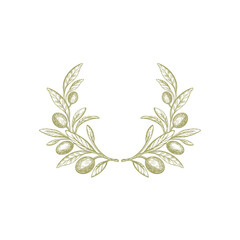 Olive branch, wreath. Vector fruit, green foliage