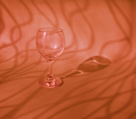 An empty wine glass on an orange background with sunshine shadow effect. The play of light and shadows creates a whimsical picture on the background. 