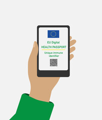 Hand holds mobile phone with EU digital health passport for covid-19. Vector illustration of COVID-19 Immunity Passport, immunity certificate, vaccination certificate.