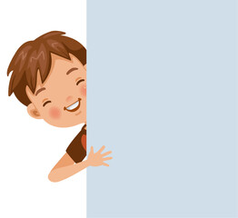 Smiling boy out of the back of the wall. Vector illustration isolated white background.