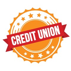 CREDIT UNION text on red orange ribbon stamp.