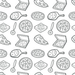 Pizza Icon Emoji Pattern. Food Seamless Background Symbols. Doodle Emoticon Illustration Design Vector.