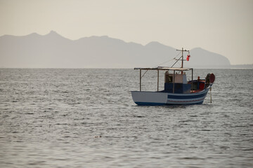 Naklejka na ściany i meble fishing boats in the background with piles of posidonia algae on the Mediterranean islands