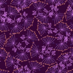 Abstract botanic seamless pattern with random dill umbrella ornament. Purple colored artwork.