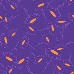 Random bright yellow contoured chamomile flowers seamless pattern. Bright purple background.