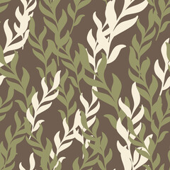 Random seamless pattern with doodle seaweed flora ornament. Brown background. Aqua print. - obrazy, fototapety, plakaty