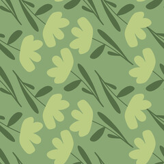 Pale green tones seamless pattern with hand drawn simple flowers shapes. Nature botanic backdrop.