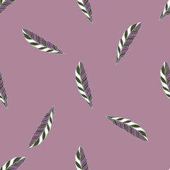 Seamless pattern in minimalistic style with doodle feather silhouettes. Pastel purple background. Simple print.