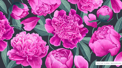Large floral background with spring pink peonies with leaves and petals in the wallpaper for your computer desktop, tablet, mobile phone, social media covers. Realistic highly detailed vector plants