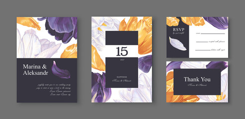 Greeting or invitation wedding card, template design with tulip flowers in realistic style with high details. Hand drawn vector set of posters, flyers, covers and banners for social networks