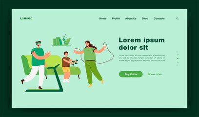 Happy family with kid training at home flat vector illustration. Cartoon mother, father and son doing exercises together in living room. Home workout and sport activity concept