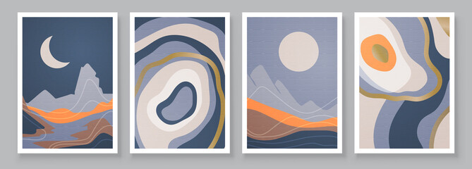 Abstract landscape composition art with sun and moon. Blue tones colors wall art. Soft color painting house decor. Minimalistic background design. Vector illustration.