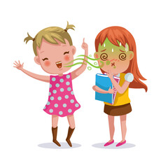 bad breath girl. The little girl feels foul. Bad breath from friends. Cartoon character vector illustration Isolated on  white background.