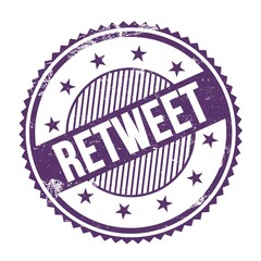 RETWEET text written on purple indigo grungy round stamp.