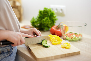 close up of female hands with knife cutting cucumber