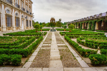 Gardens of the royal palace of Aranjuez in cloudy spring day.